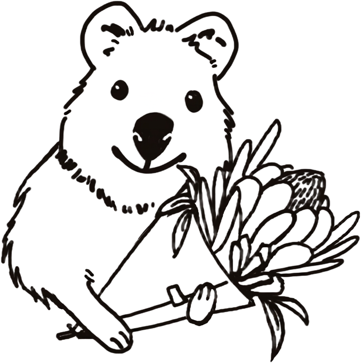 Warm Wishes quokka mascot holding a bouquet of fresh flowers